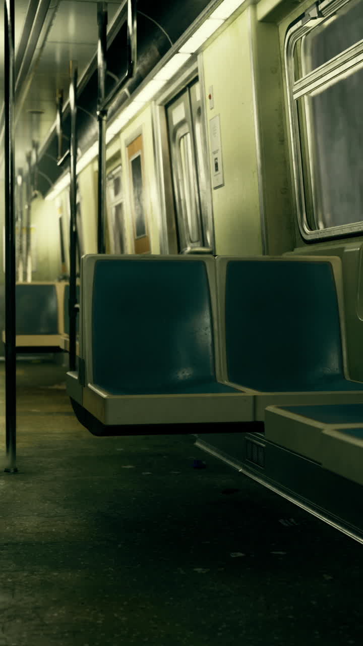 Empty subway car with blue seats during quiet late night hours