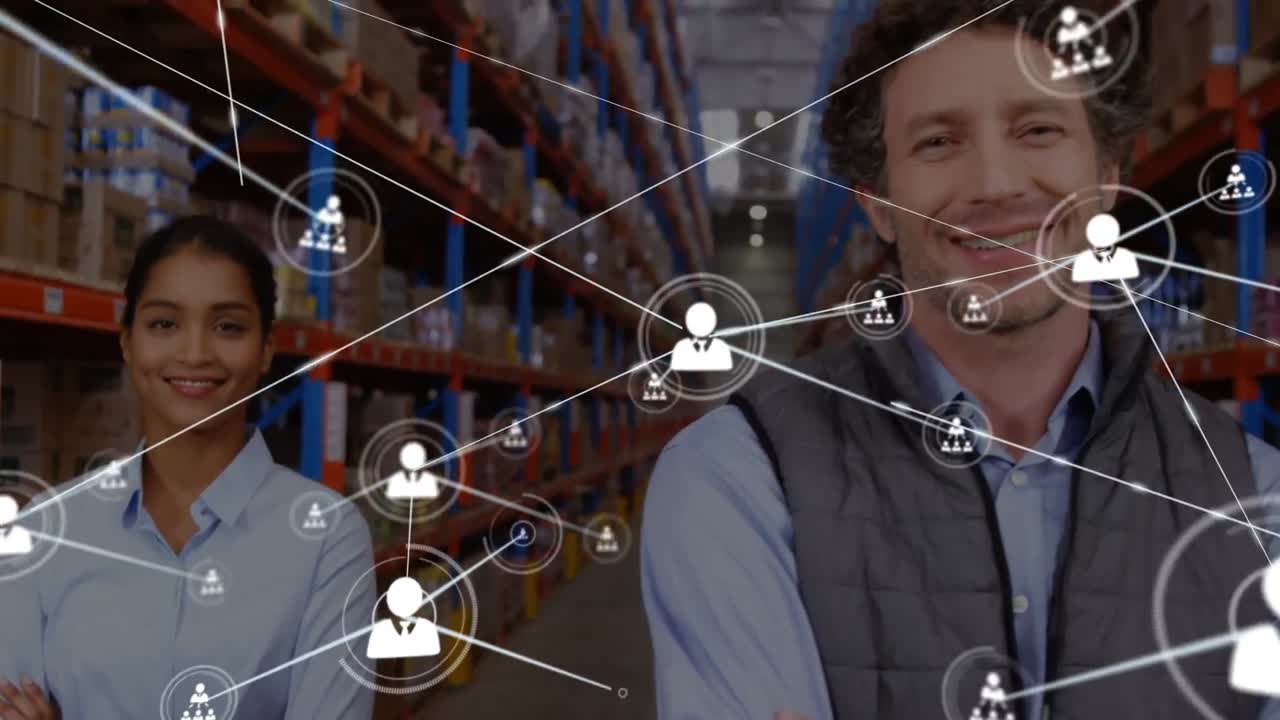 Animazione di rete di connessioni su due diversi operai di magazzino