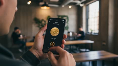 a user interacting with a mobile app for bitcoin management in a modern cafe setting, showcasing cryptocurrency and digital finance usage