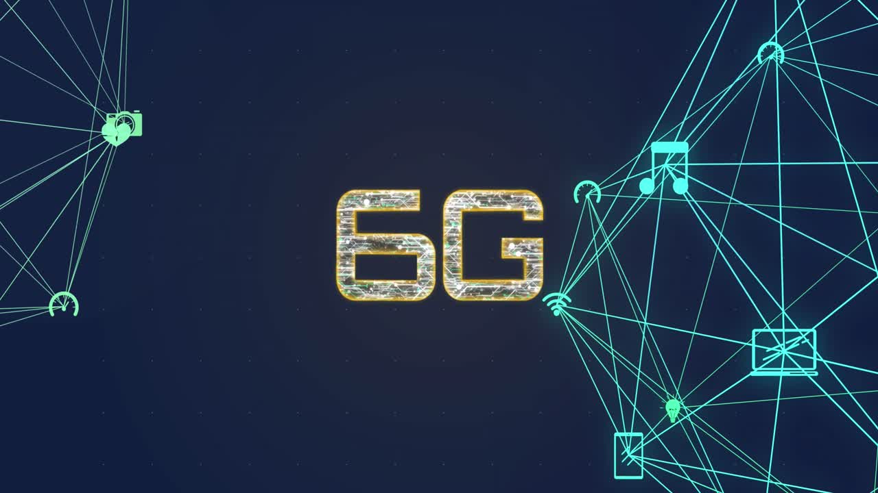 animación de texto de 6g, escaneo de alcance sobre redes de conexiones con iconos