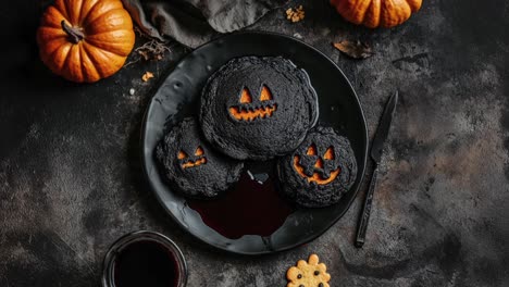 Gruseliges-Halloween-Frühstück-Mit-Schwarzen-Pfannkuchen-Und-Kürbisplätzchen