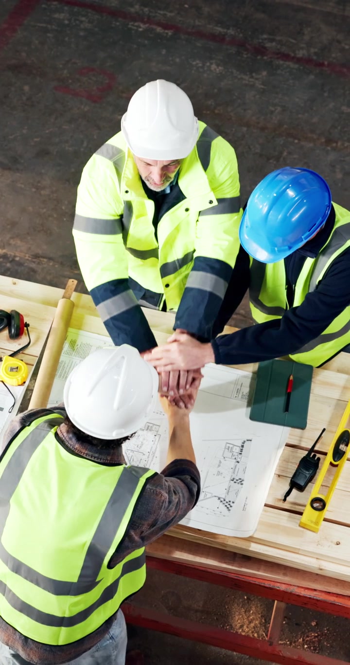 Construction Workers Celebrating Success with High Five in Workshop