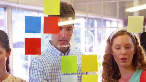 group of business executives interacting over sticky notes