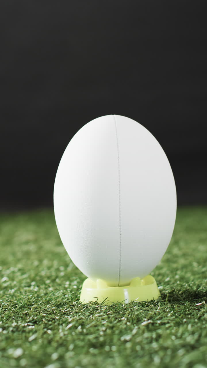 Vertical video of white rugby ball on kicking tee on sunlit grass with copy space, slow motion