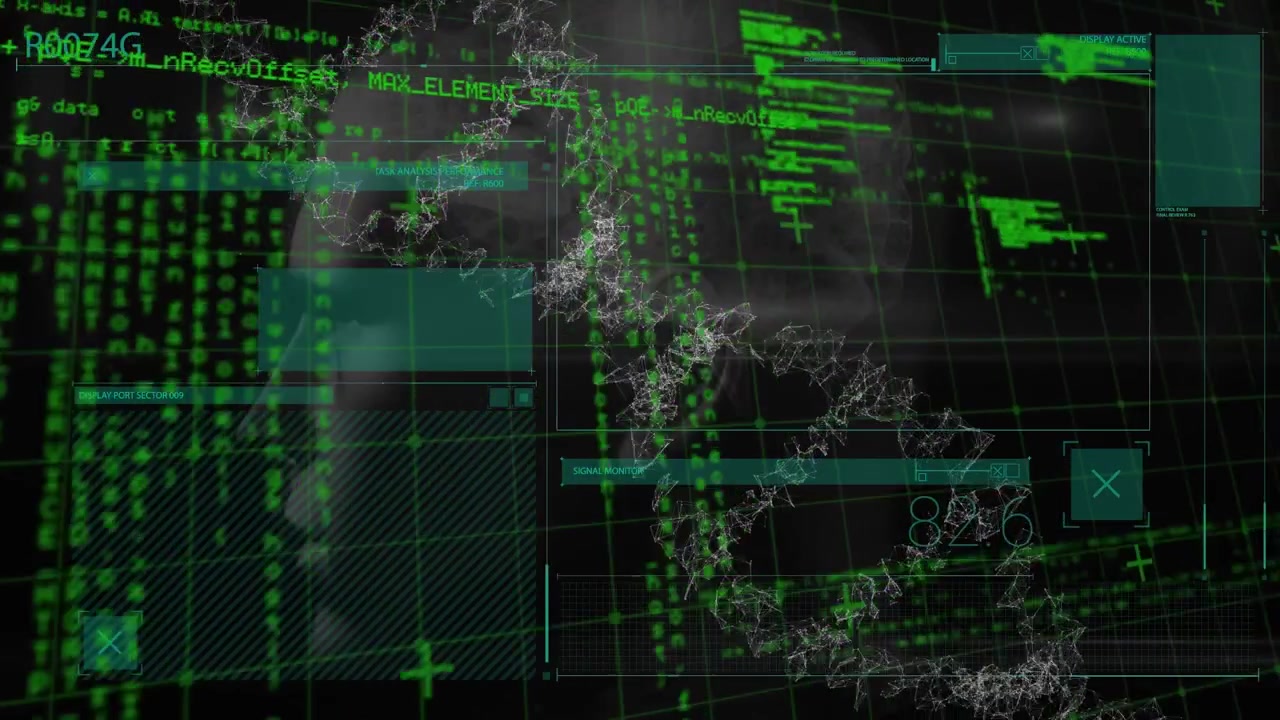 Animation af forskelligartet databehandling og DNA på sort baggrund