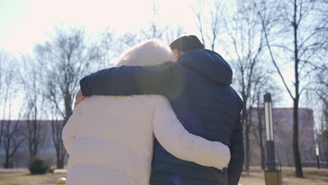 rear view of a senior couple hugging and walking in the park on a winter day