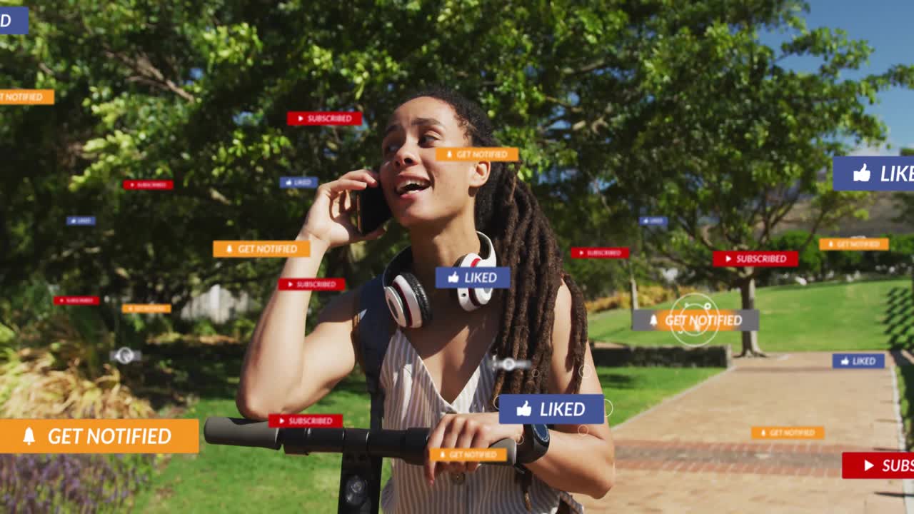 Using phone, woman on scooter with animation of social media notifications