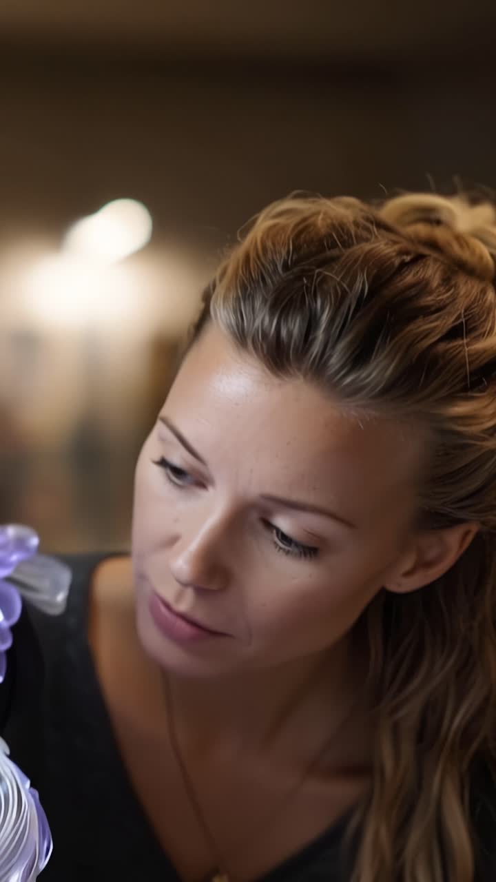 Žena něžně interaguje se zářivým uměleckým dílem, odrážejícím okamžik úžasu a propojení v jemně osvětleném uměleckém prostředí.