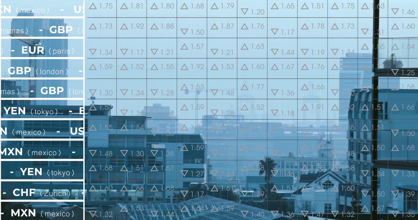 Ved opstart, animeret gitteroverlejring der opdaterer valutakurser over byens skyline for at vise markedstendenser.