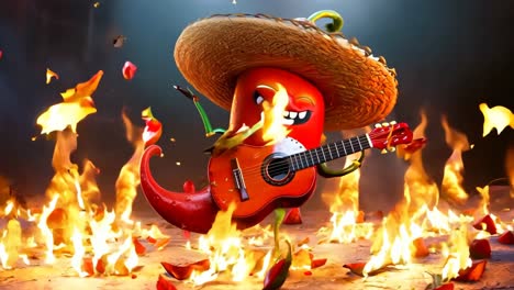 a red chili pepper in a sombrero playing a guitar in front of a fire