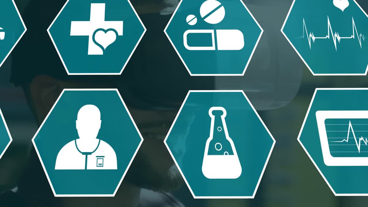 vr 헤드을 사용하여 두 인종 남성 위에 움직이는 과학 아이콘의 애니메이션