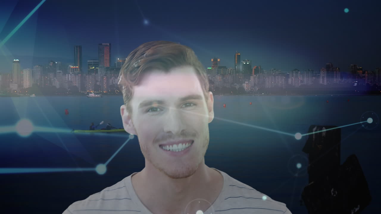 animación de empresario caucásico y red de conexiones sobre el paisaje urbano