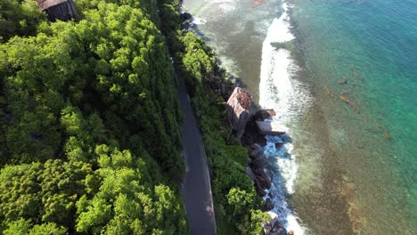 moving forward drone shot over vegetation and road near the cliff at anse forbans beach mahe seychelles