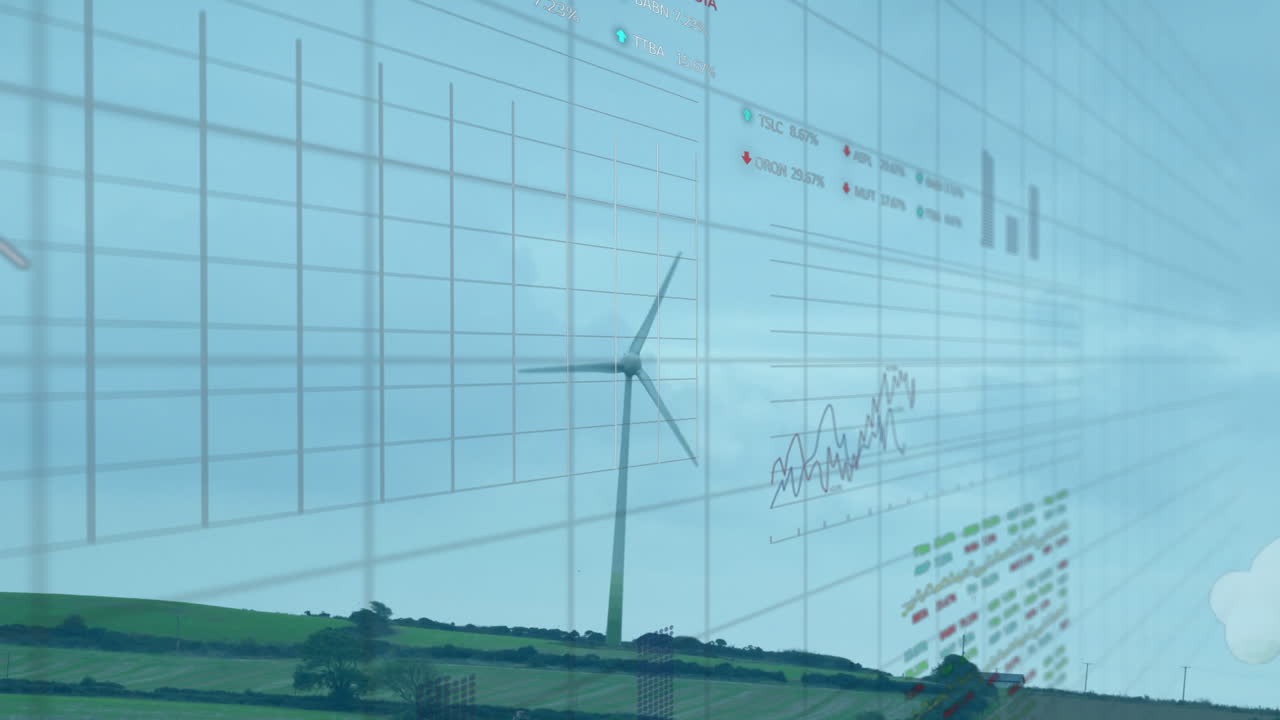 Wind turbine and landscape overlaid with data charts and graphs animation