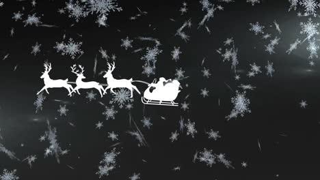 santa claus in sleigh being pulled by reindeers over snowflakes falling against black background