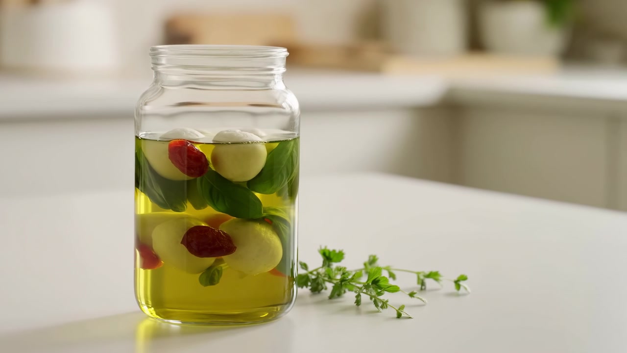 En klar glasburk fylld med marinerade grönsaker och örter står på en vit bänkskiva, med en liten färsk örtkvist i närheten och ett mjukt suddigt kök