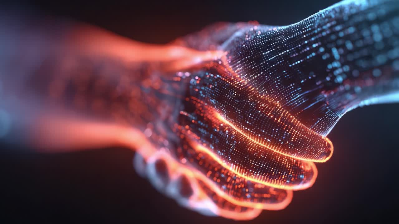 Two hands made of glowing particles connecting in a handshake, symbolizing a digital agreement or partnership in the world of technology, business collaboration, and online networking