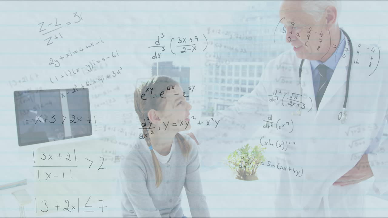girl sitting on exam table wearing stethoscope, doctor speaking in clinic, math equations floating