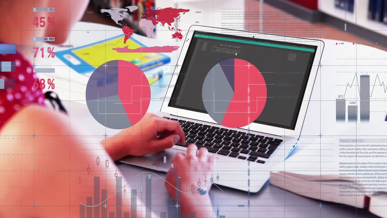 Adolescente escribiendo en una laptop, generando gráficos animados que se expanden por la pantalla para análisis.