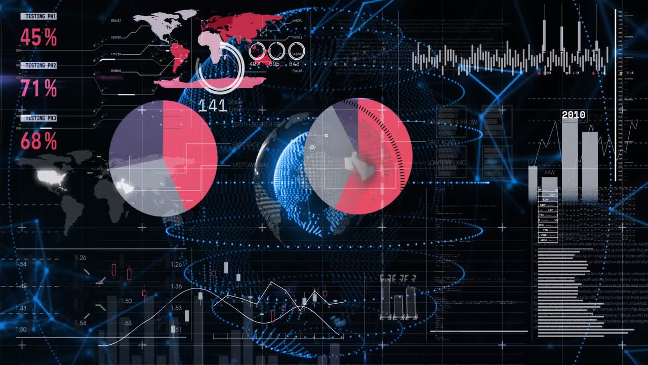Animation of statistical data processing over spinning globe against black background