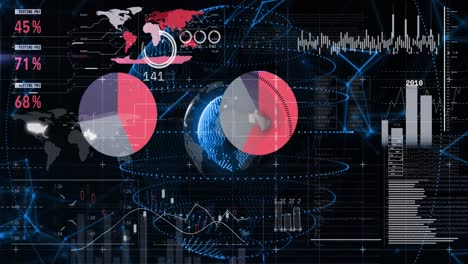animation of statistical data processing over spinning globe against black background