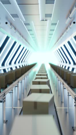 carton boxes moving on conveyors at futuristic warehouse. 3d animation loop