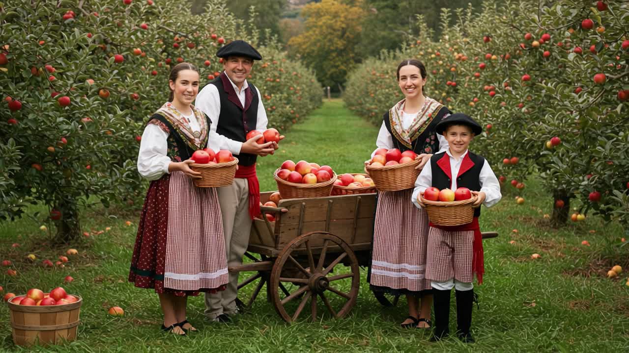 A Charming Family Harvesting Apples Together in an Orchard, Celebrating the Fruits of Their Labor in Traditional Attire Amidst Lush Apple Trees