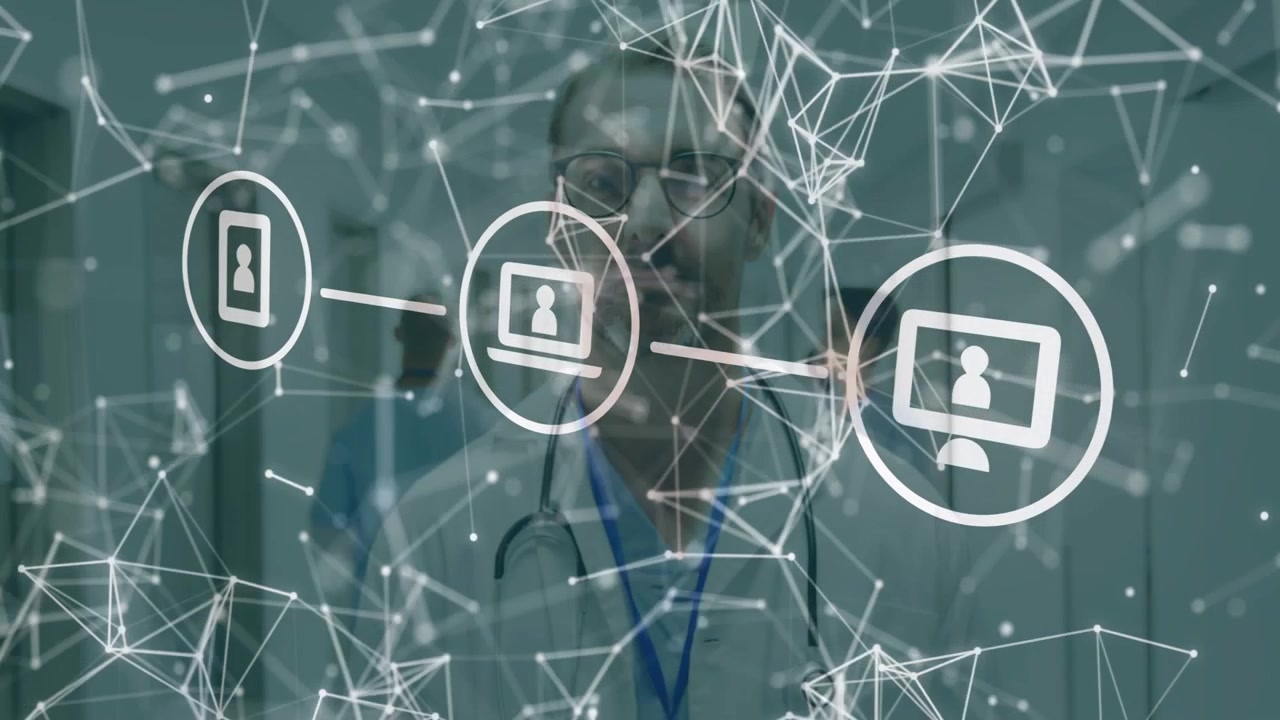 Dr walking hospital hall while network fading in and linking phone laptop desktop icons aiding care