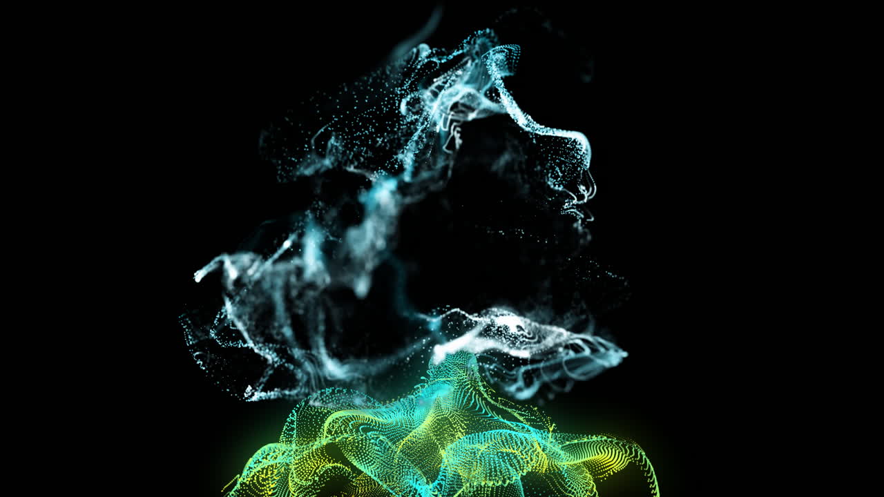Abstract animation of swirling blue particles over green and yellow waveforms