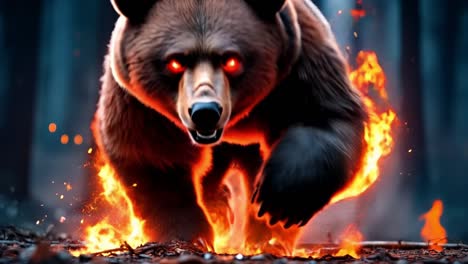 a bear running through a forest with flames coming out of its mouth