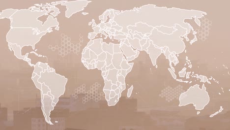 Animación-Del-Mapa-Mundial-Y-Procesamiento-De-Datos-Financieros-Sobre-El-Paisaje-Urbano