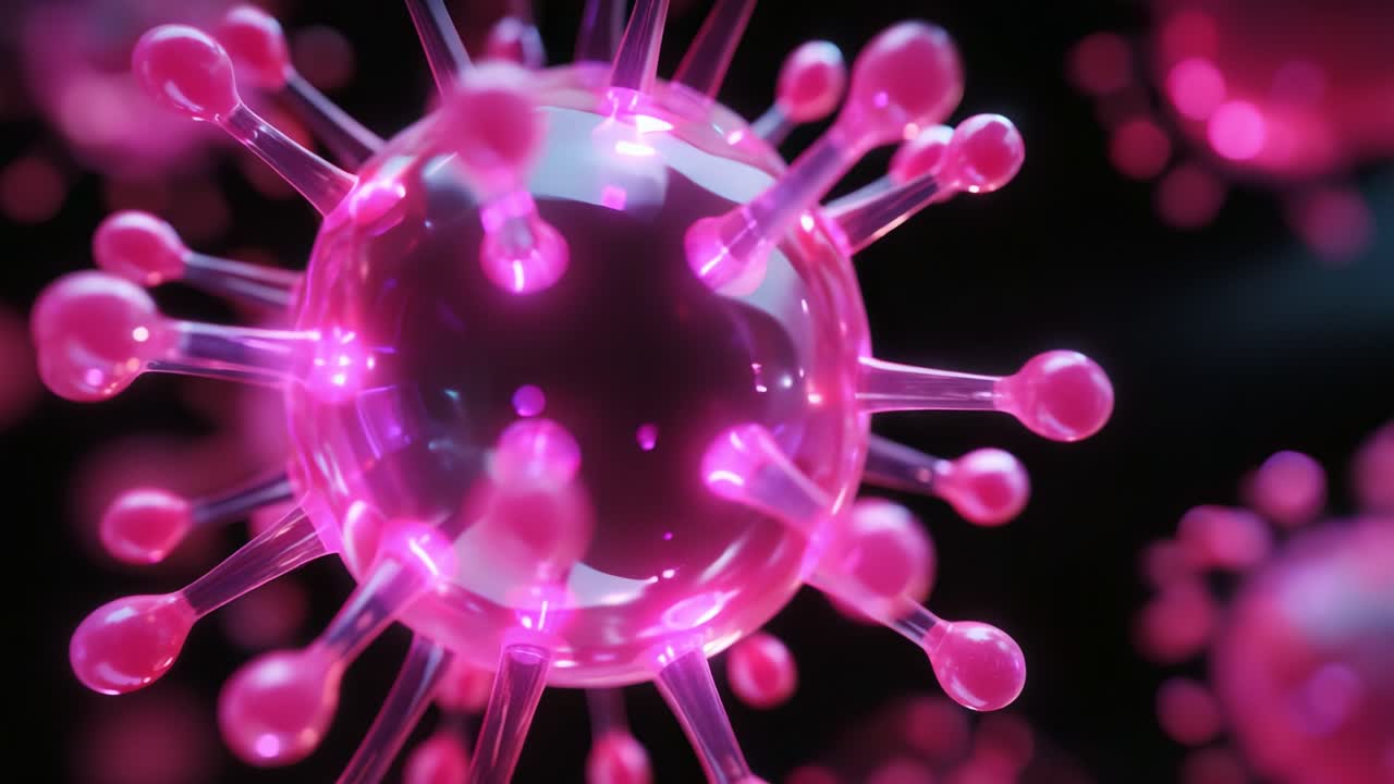 A Detailed Visualization of a Vibrant Pink Virus Particle Magnified, Showcasing Its Unique Structure and Distinctive Features in a Dark Background for Scientific Exploration and Study