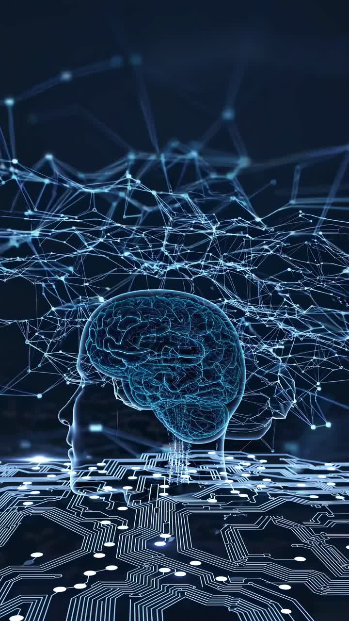 Futuristic video concept of AI with a digital brain and circuit board