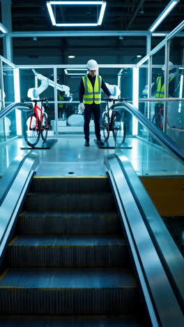 engineer overseeing robotic bicycle assembly in a modern factory