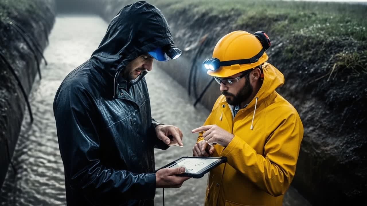 Two Construction Workers Analyze Data on a Tablet in a Rainy Environment, Showcasing Collaboration Amidst Challenging Weather Conditions
