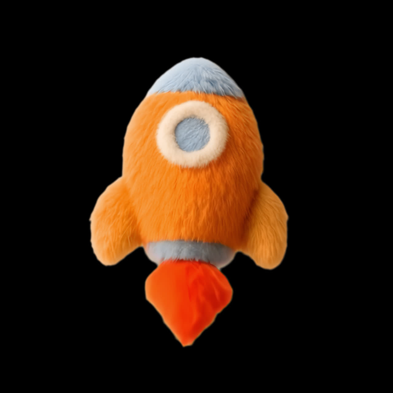 Fuzzy rocket toy launch animation isolated asset, transparent 4K video, alpha channel, ProRes 4444