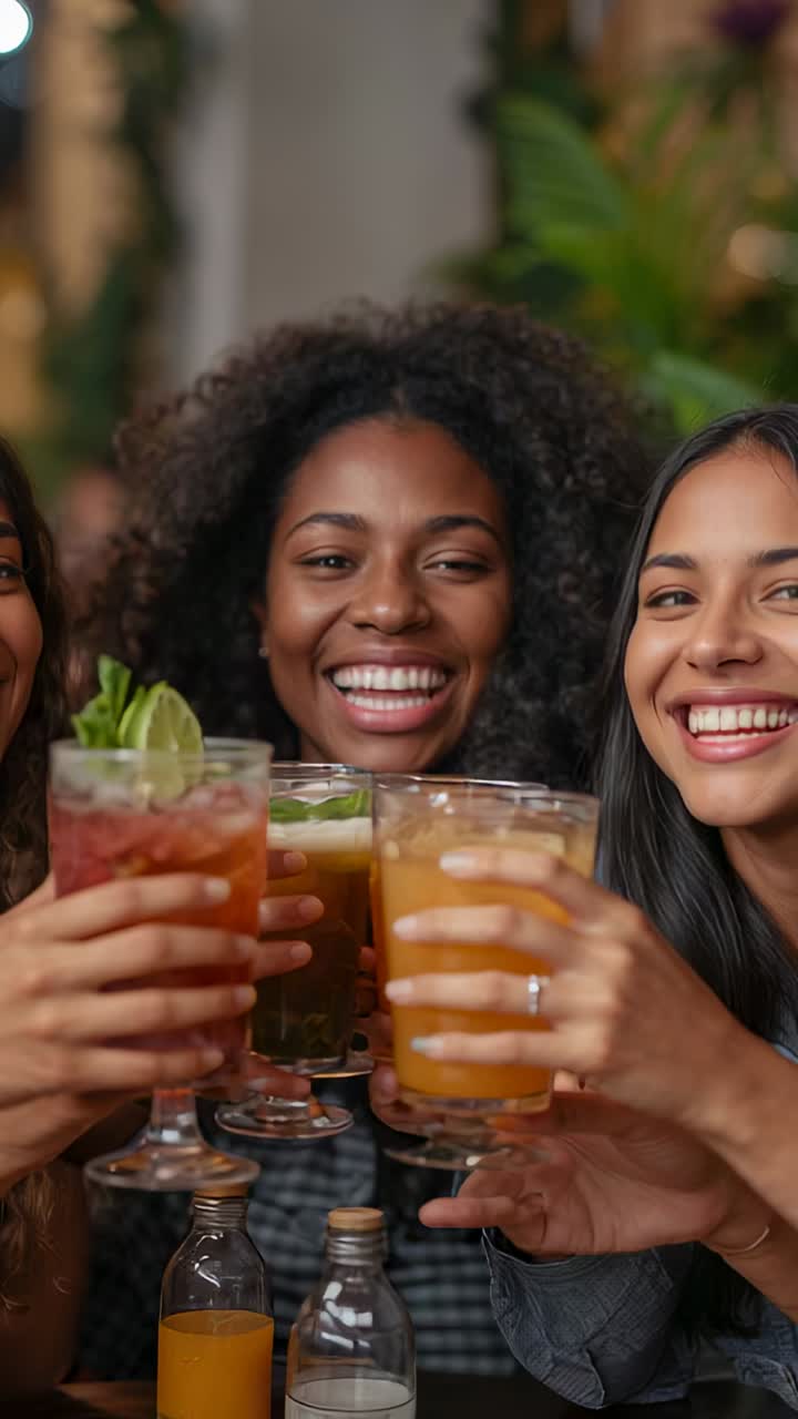Vídeo vertical: brinde da mulher central de camisa xadrez e amigos, juntando os copos no bar, limão