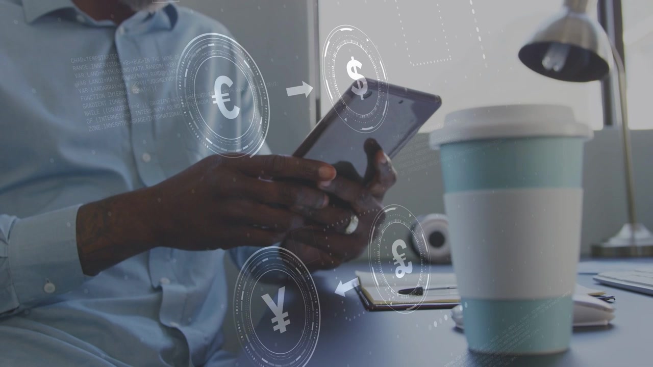 Mature man holding phone, tapping and typing, activating floating currency HUD for finance trades