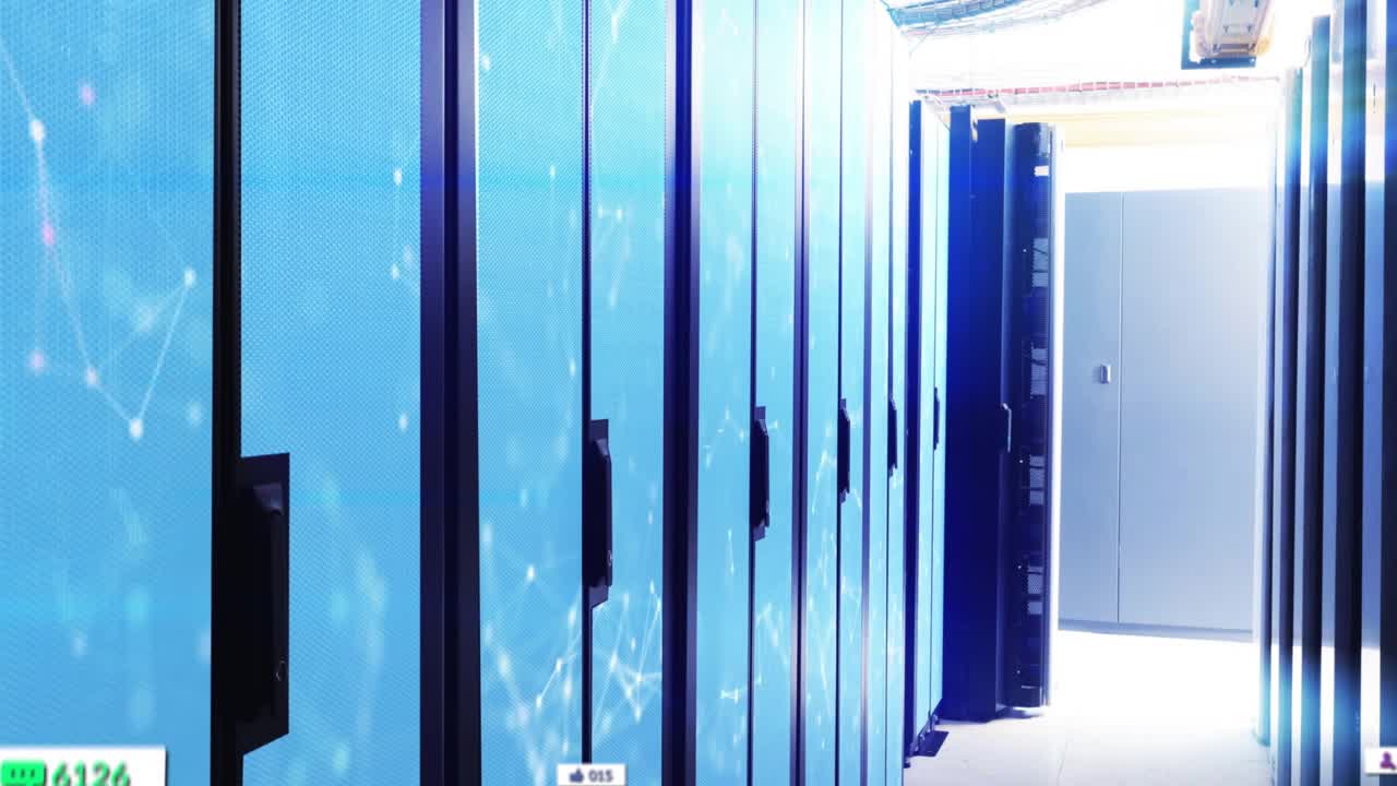 UI badges appearing on server racks on first second, visualizing metrics before fading out