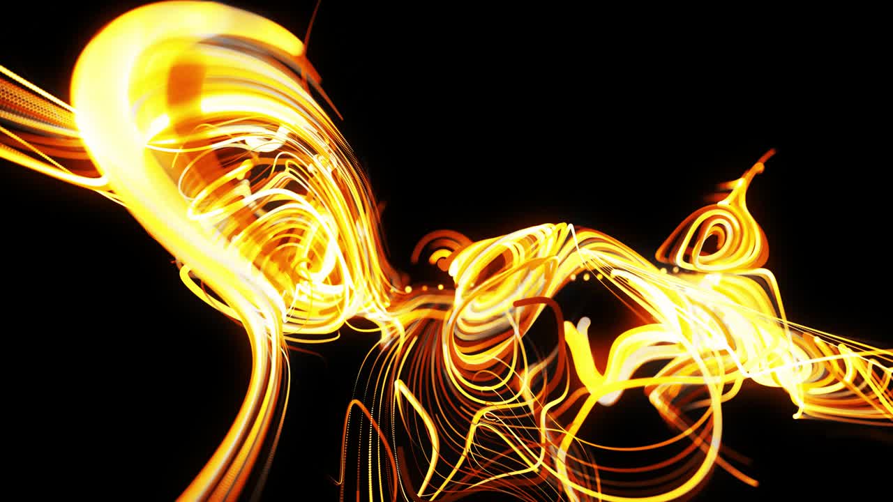 el flujo de partículas forma líneas amarillas rizadas como senderos de luz brillante, las líneas forman un patrón giratorio como ruido de rizado. animación 3d abstracta como fondo festivo creativo brillante. líneas rápidas de luz