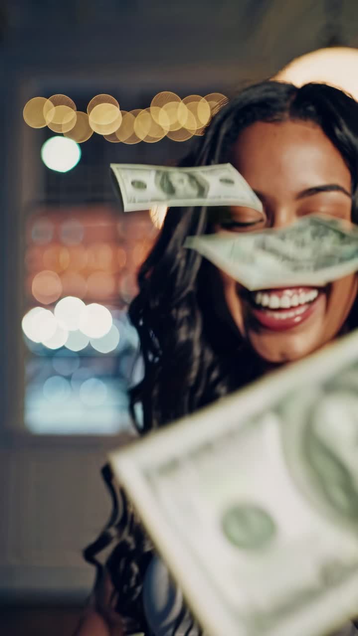 Excited businesswoman joyfully throwing dollar bills into the air, celebrating her financial success and abundance, radiating happiness and a big smile on her face
