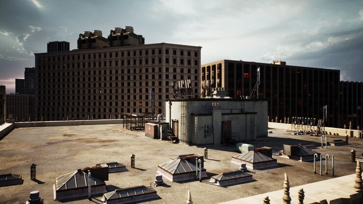 Tetto di città con strutture industriali e skyline urbano al crepuscolo.