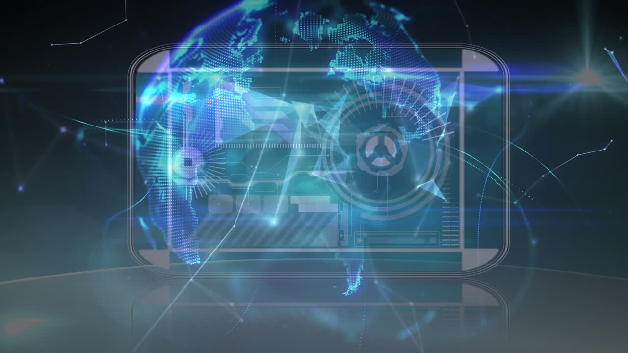 파란색 배경에 데이터 처리가 있는 디지털 인터페이스에 대한 회전하는 지구 위의 플렉서스 네트워크