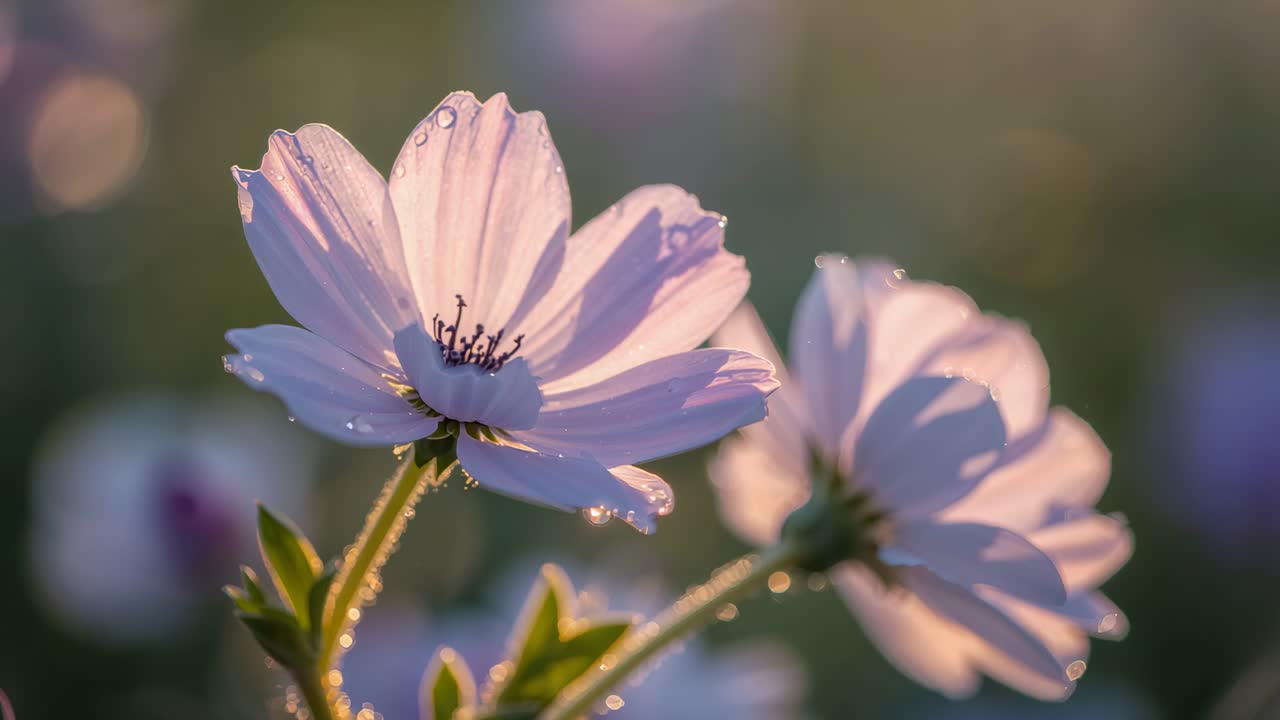 Shining pale pink daisy blossom catching golden-hour sunlight shifting at meadow, with dew droplets