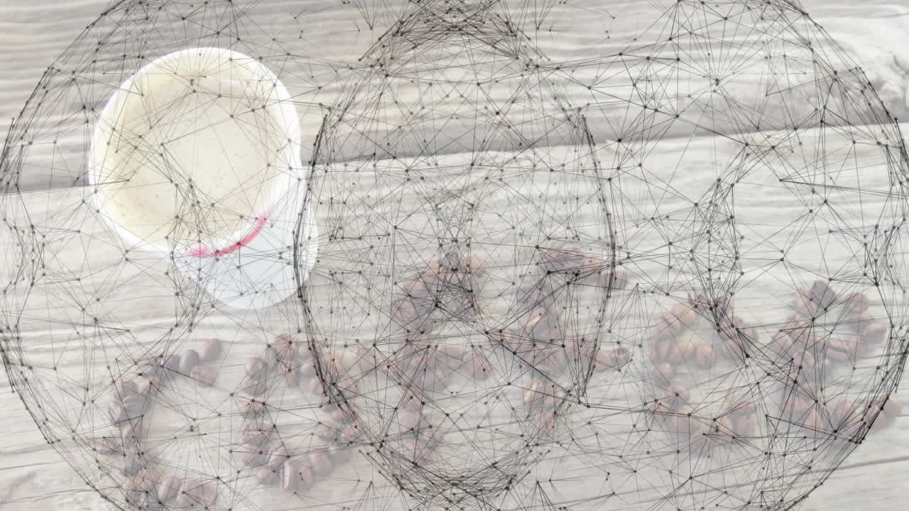Coffee cup with latte foam and saucer floating above table, showing wireframe spheres overlaying