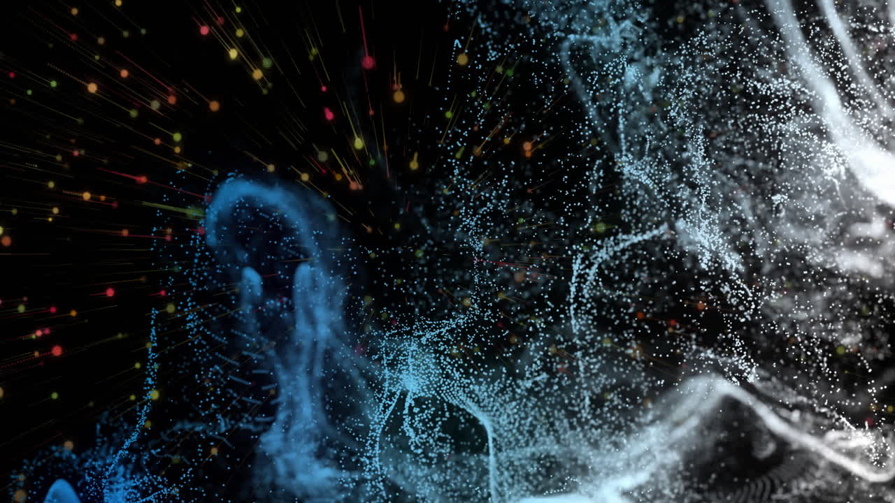 Animation of blue and white shapes moving on black background