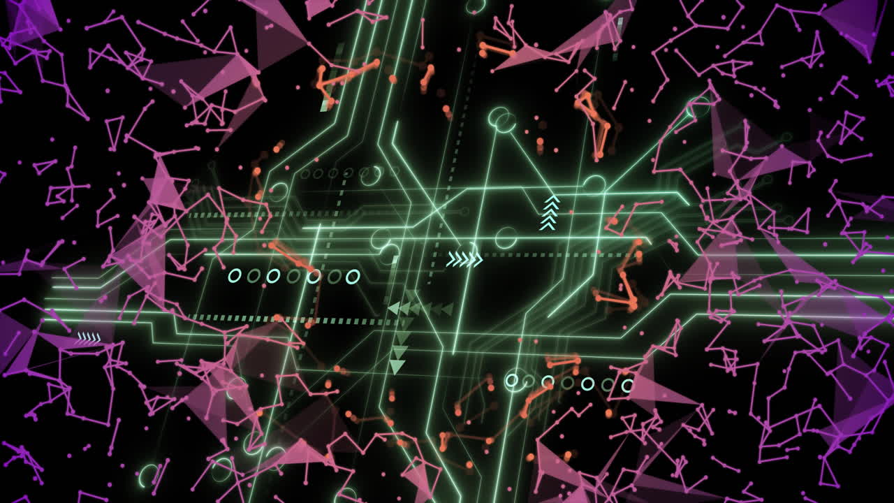 검은색 배경에 있는 회로판과 연결 네트워크의 애니메이션