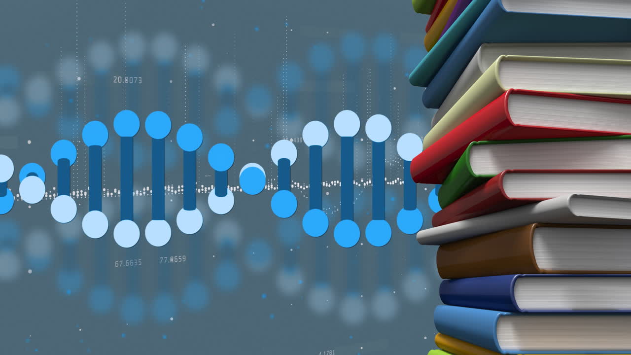 DNA strand and binary coding animation next to stack of colorful books