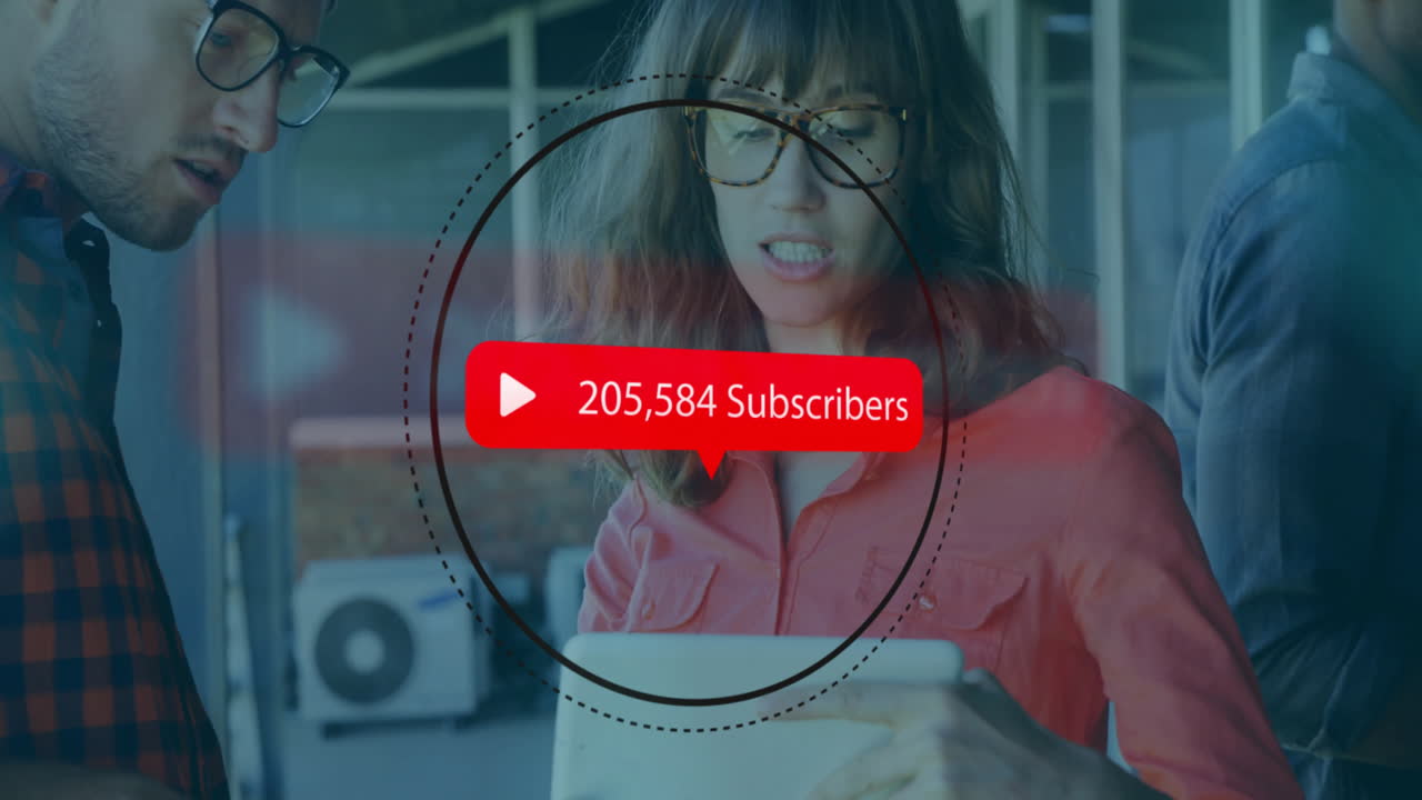 Two people discussing while digital subscriber count animation overlays scene