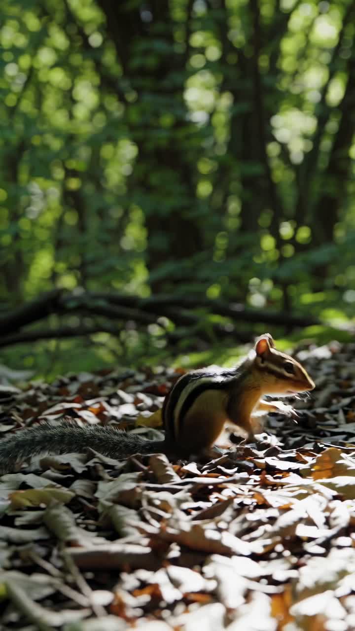 Inquadratura video dal basso di uno scoiattolo in una foresta illuminata dal sole, circondato da foglie cadute